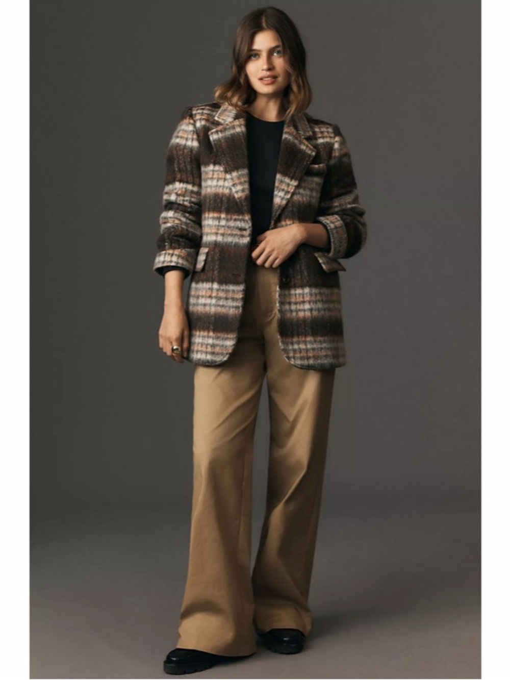 Anthropologie Maeve Brushed Plaid Blazer Jacket Coat Brown Tan Women’s Size L